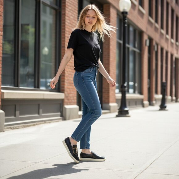 Bally Heska Black Leather Large gold Buckle Accent Slip On Sneakers Size 5.5 - Picture 3 of 10